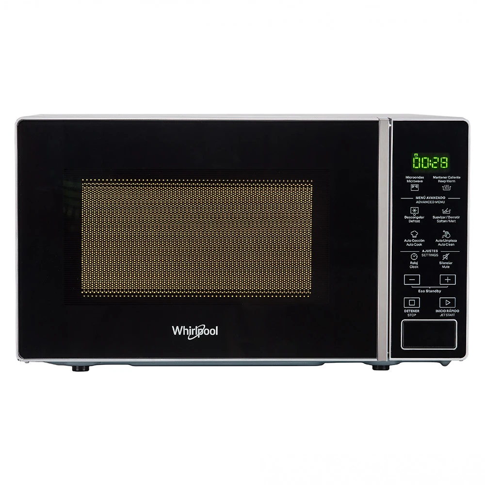 Microondas Whirlpool negro de 30 L con frente oscuro, panel digital táctil, rejilla metálica y plato giratorio de vidrio. - Vista 3