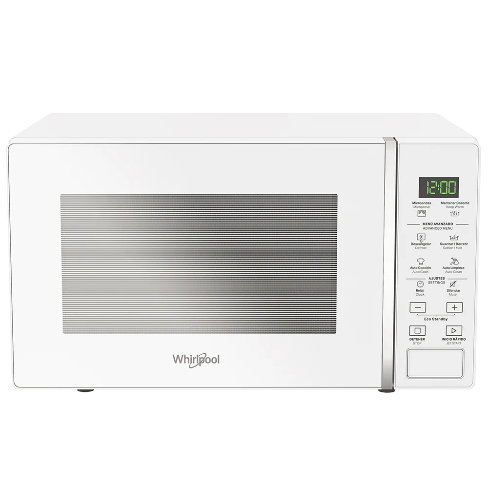 Microondas Whirlpool blanco de 20 L, con puerta de vidrio oscuro, panel digital táctil y plato giratorio de vidrio.