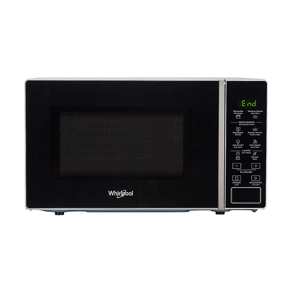 Microondas Whirlpool Silver de 20 L, con puerta de vidrio oscuro, panel digital táctil y plato giratorio de vidrio.