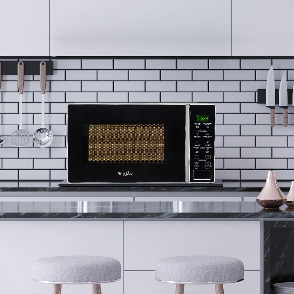 Microondas Whirlpool Silver de 20 L, con puerta de vidrio oscuro, panel digital táctil y plato giratorio de vidrio. - Vista 3