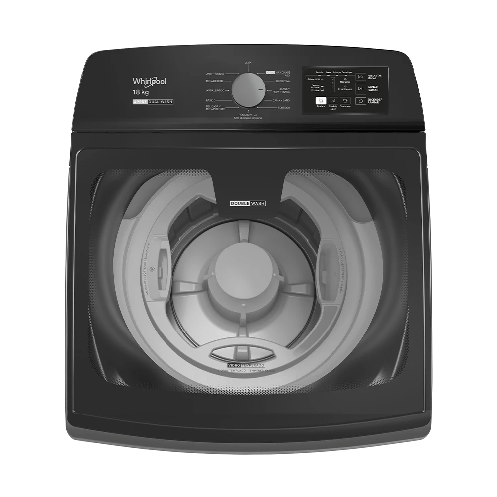 Lavarropas Whirlpool Titanium de carga superior, con tapa oscura transparente, tambor con agitador y panel posterior inclinado. - Vista 2
