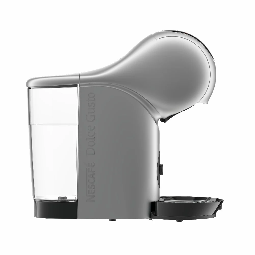 Cafetera de cápsulas Moulinex Genio S Touch plateada, con depósito transparente, panel táctil negro y bandeja de goteo con rejilla metálica. - Vista 3