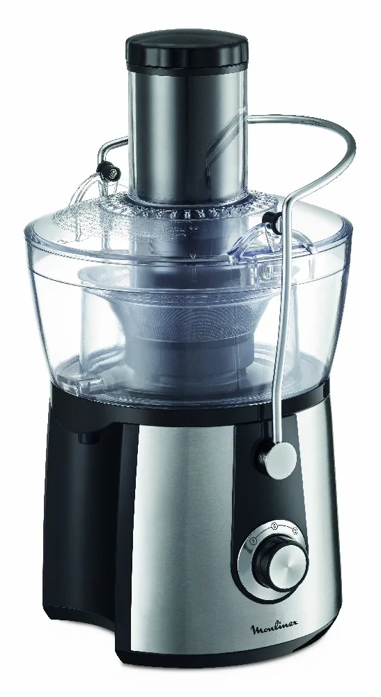 Extractor centrífugo Moulinex negro y plateado, con recipiente transparente, tubo de alimentación y brazo metálico de cierre.