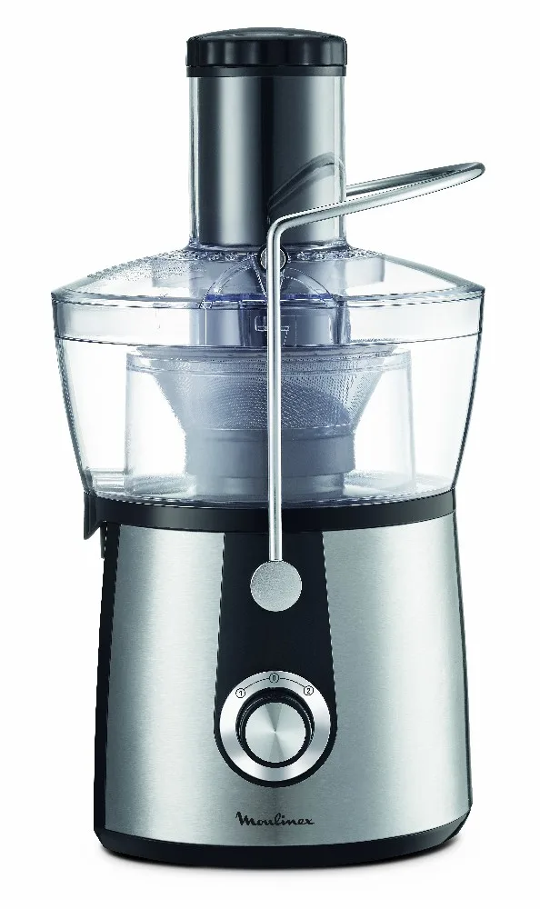 Extractor centrífugo Moulinex negro y plateado, con recipiente transparente, tubo de alimentación y brazo metálico de cierre. - Vista 2
