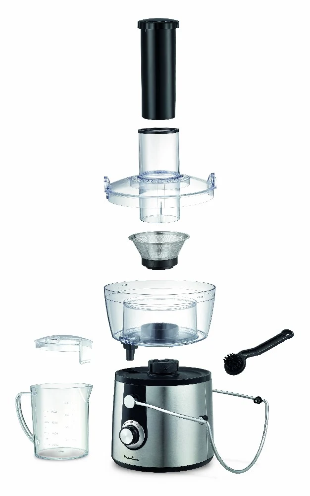 Extractor centrífugo Moulinex negro y plateado, con recipiente transparente, tubo de alimentación y brazo metálico de cierre. - Vista 3