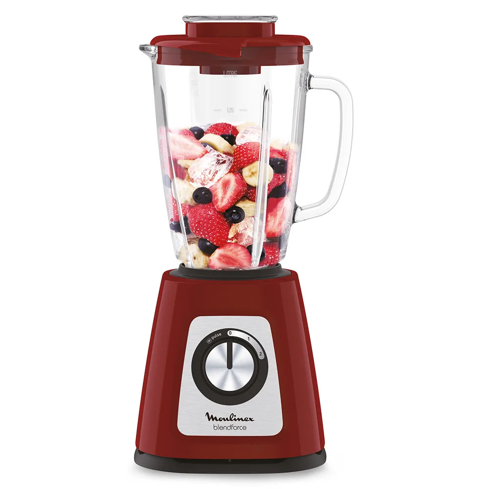 Licuadora Moulinex Blendforce roja con jarra transparente de vidrio, tapa roja y selector frontal.