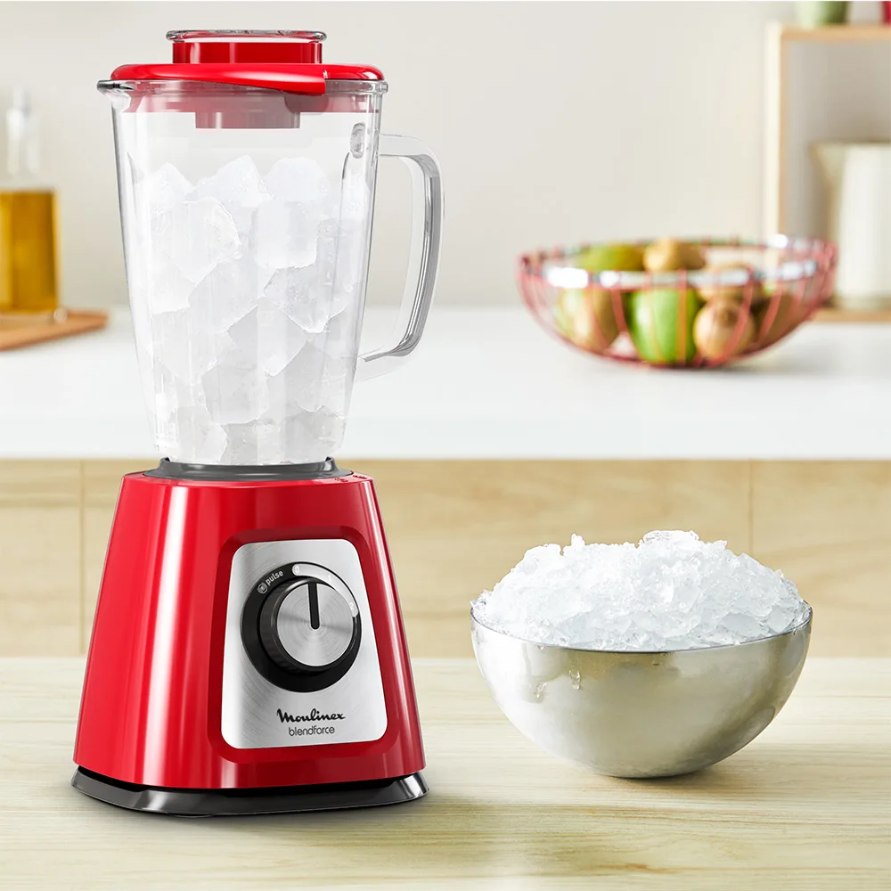 Licuadora Moulinex Blendforce roja con jarra transparente de vidrio, tapa roja y selector frontal. - Vista 3