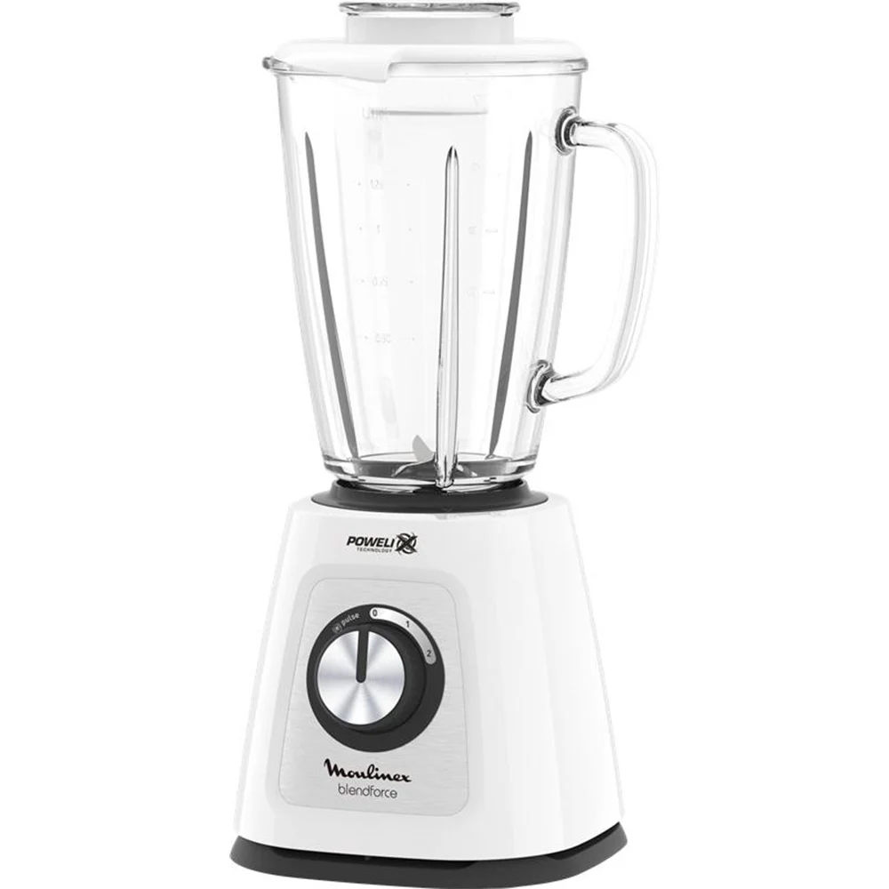 Licuadora Moulinex Blendforce blanca con jarra transparente de vidrio y selector giratorio frontal. - Vista 2