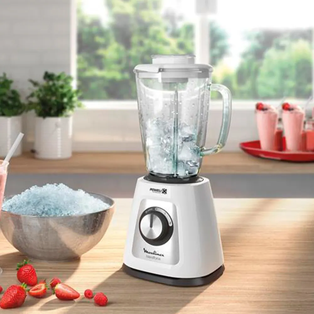 Licuadora Moulinex Blendforce blanca con jarra transparente de vidrio y selector giratorio frontal. - Vista 3