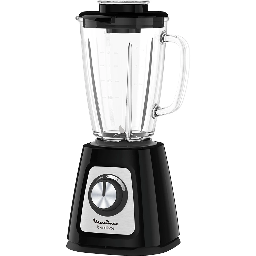 Licuadora Moulinex Blendforce 2 negra con jarra transparente de vidrio, tapa negra y selector circular. - Vista 2