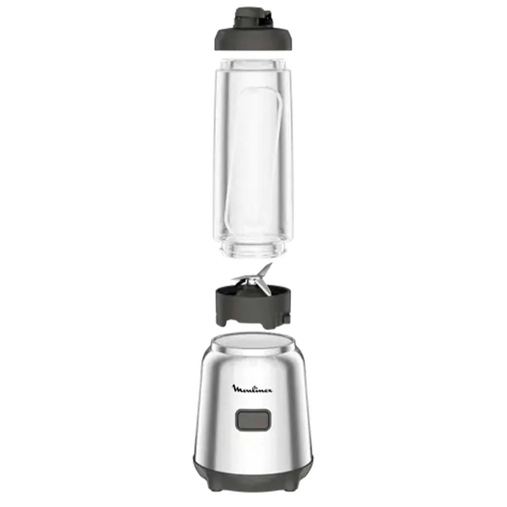 Licuadora personal Moulinex Mix & Move desarmada, con base plateada, conjunto de cuchillas y vaso transparente con tapa negra.