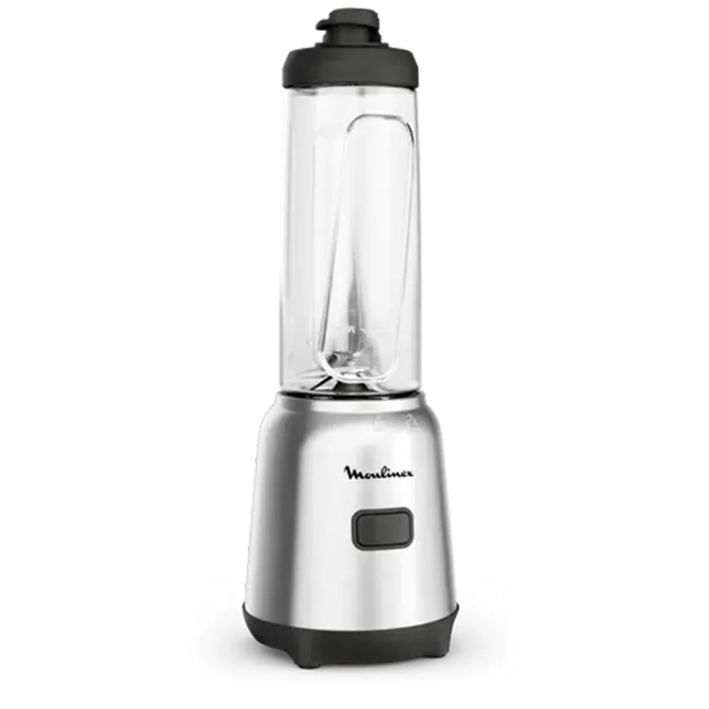 Licuadora personal Moulinex Mix & Move desarmada, con base plateada, conjunto de cuchillas y vaso transparente con tapa negra. - Vista 2