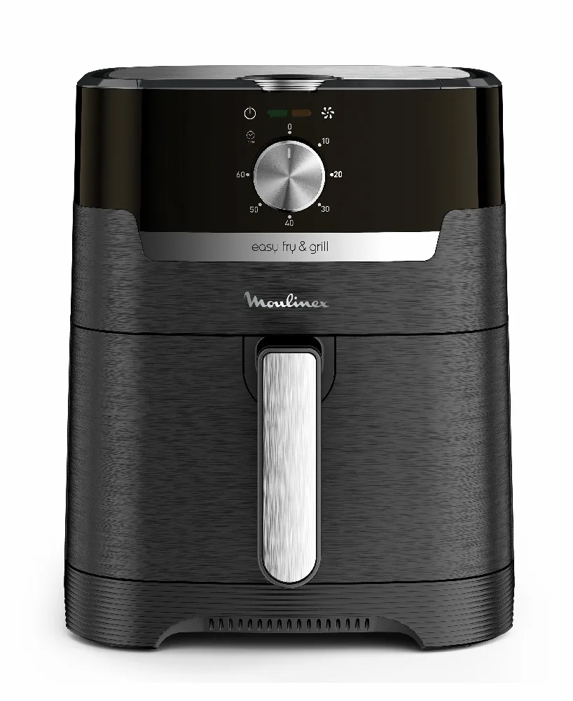 Freidora Moulinex Easy Fry & Grill negra con perilla central, cajón frontal y manija plateada.