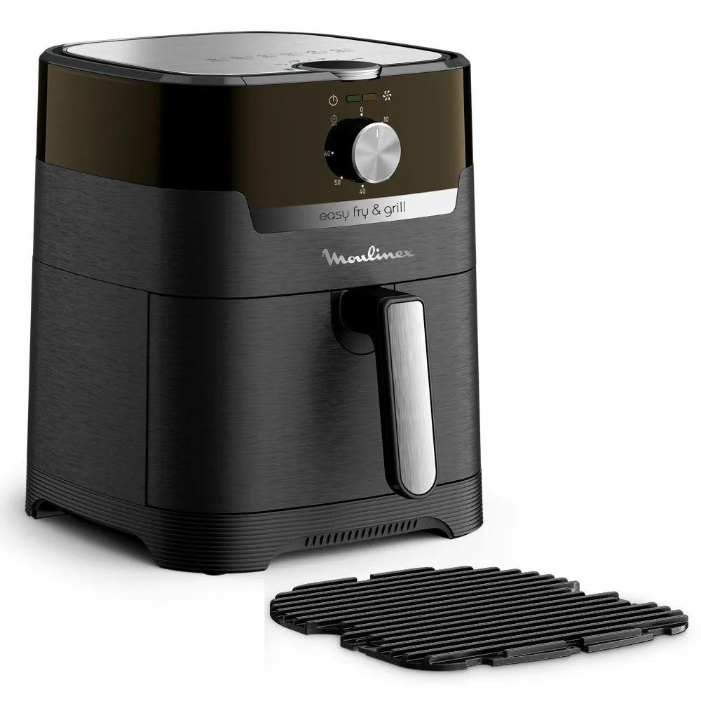 Freidora Moulinex Easy Fry & Grill negra con perilla central, cajón frontal y manija plateada. - Vista 2