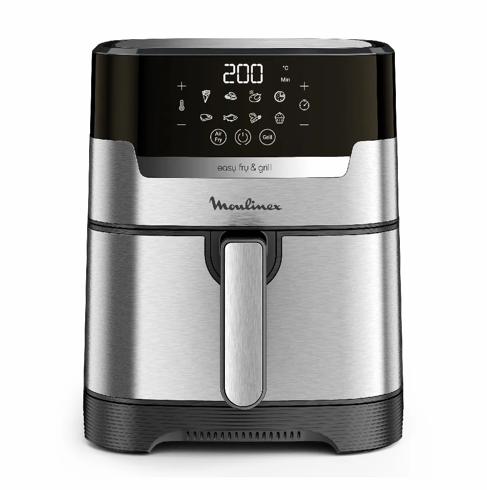 Freidora de aire Moulinex Easy Fry & Grill Inox plateada, con panel digital negro y cajón frontal con asa central.