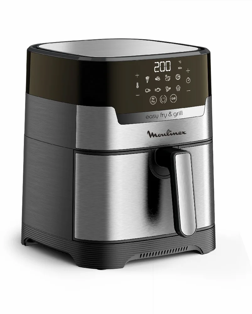 Freidora de aire Moulinex Easy Fry & Grill Inox plateada, con panel digital negro y cajón frontal con asa central. - Vista 2