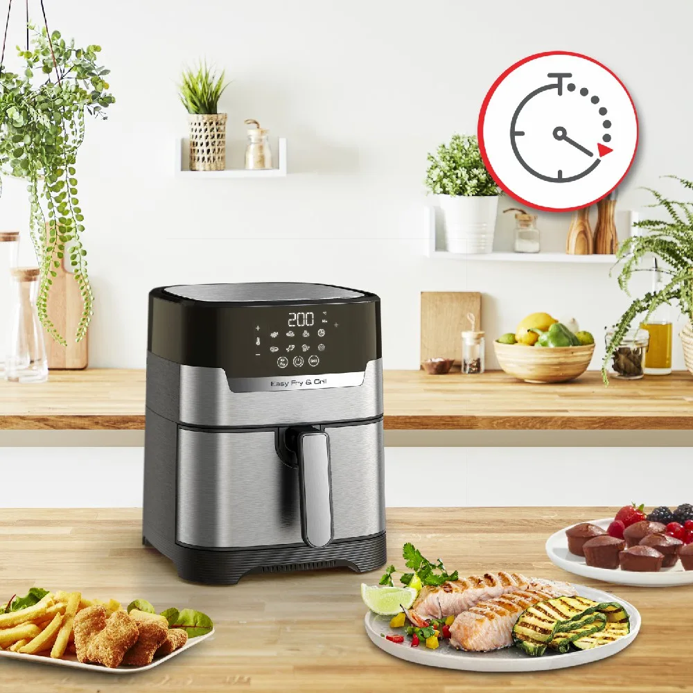 Freidora de aire Moulinex Easy Fry & Grill Inox plateada, con panel digital negro y cajón frontal con asa central. - Vista 3