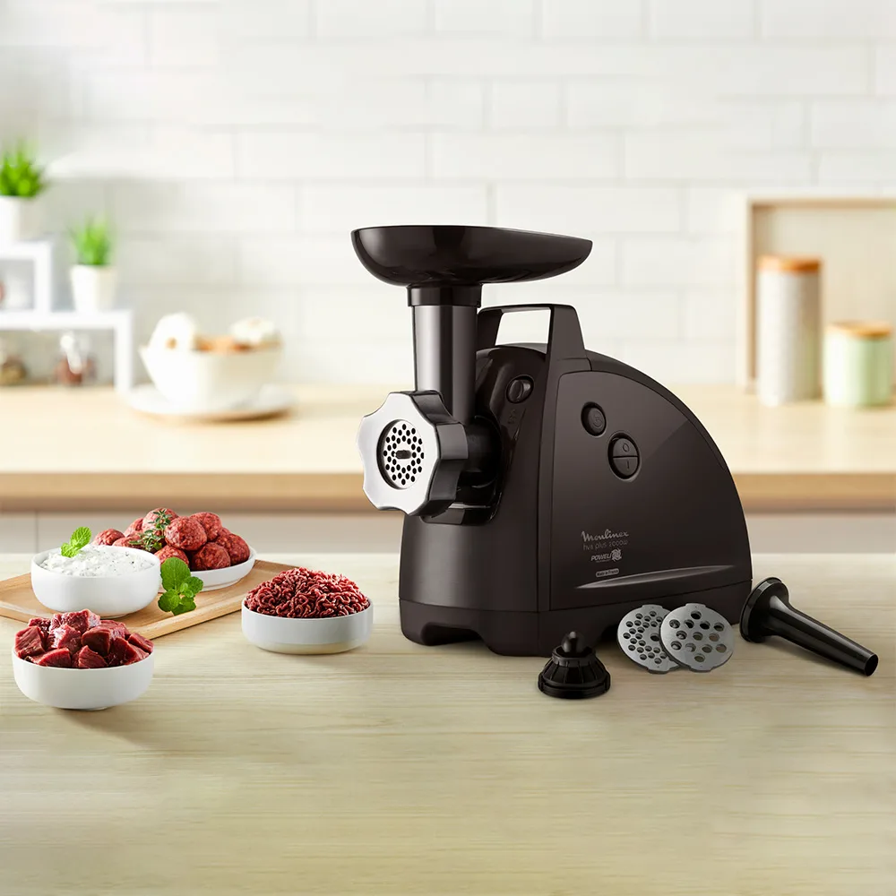Moledor eléctrico Moulinex HV8 Plus negro con bandeja superior y conjunto frontal de molienda. - Vista 3