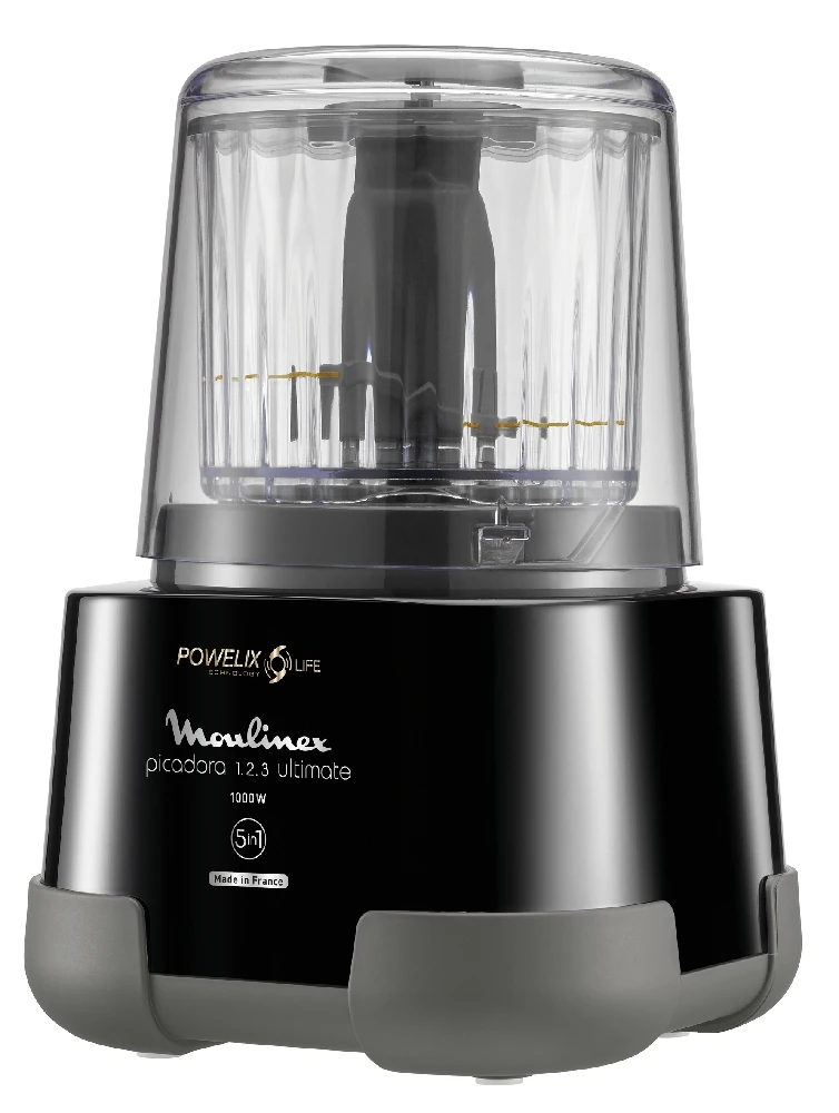 Picadora Moulinex negra y gris con recipiente transparente, tapa y conjunto de cuchillas central visible. - Vista 2