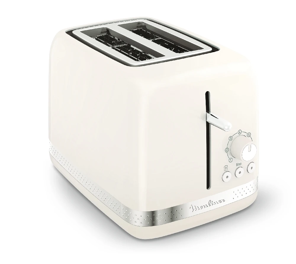 Tostador Moulinex color marfil con dos ranuras, palanca lateral, selector frontal y botones de control.