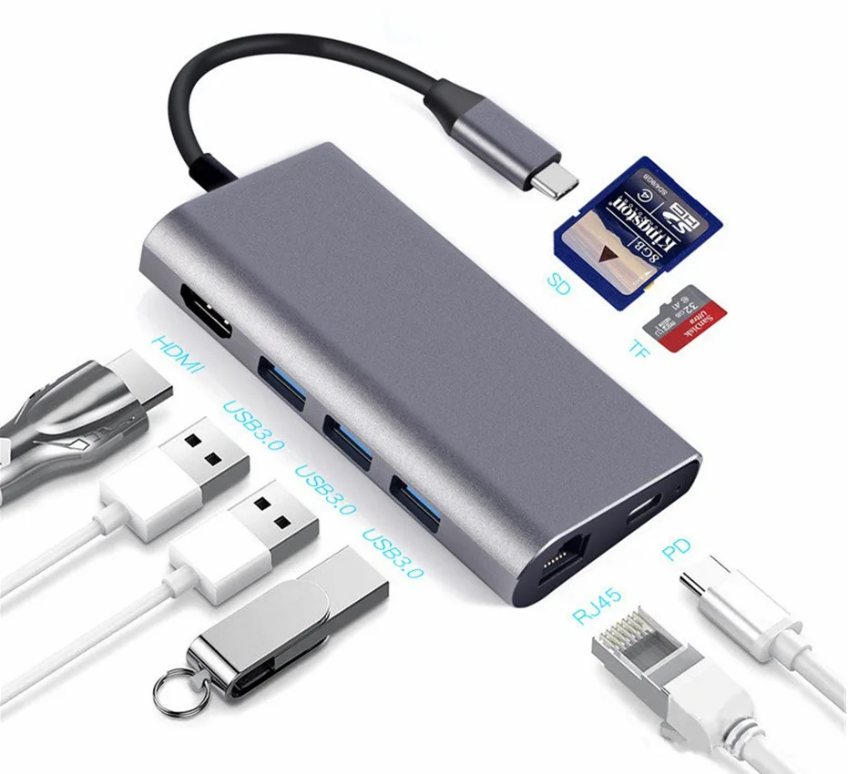 Adaptador multipuerto gris con cable USB-C, puertos HDMI y RJ45, tres USB-A, ranuras SD y TF y puerto USB-C PD.