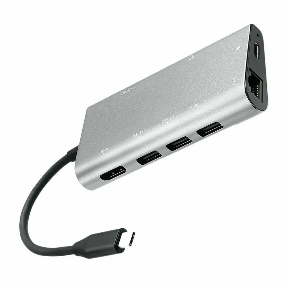Adaptador multipuerto gris con cable USB-C, puertos HDMI y RJ45, tres USB-A, ranuras SD y TF y puerto USB-C PD. - Vista 3