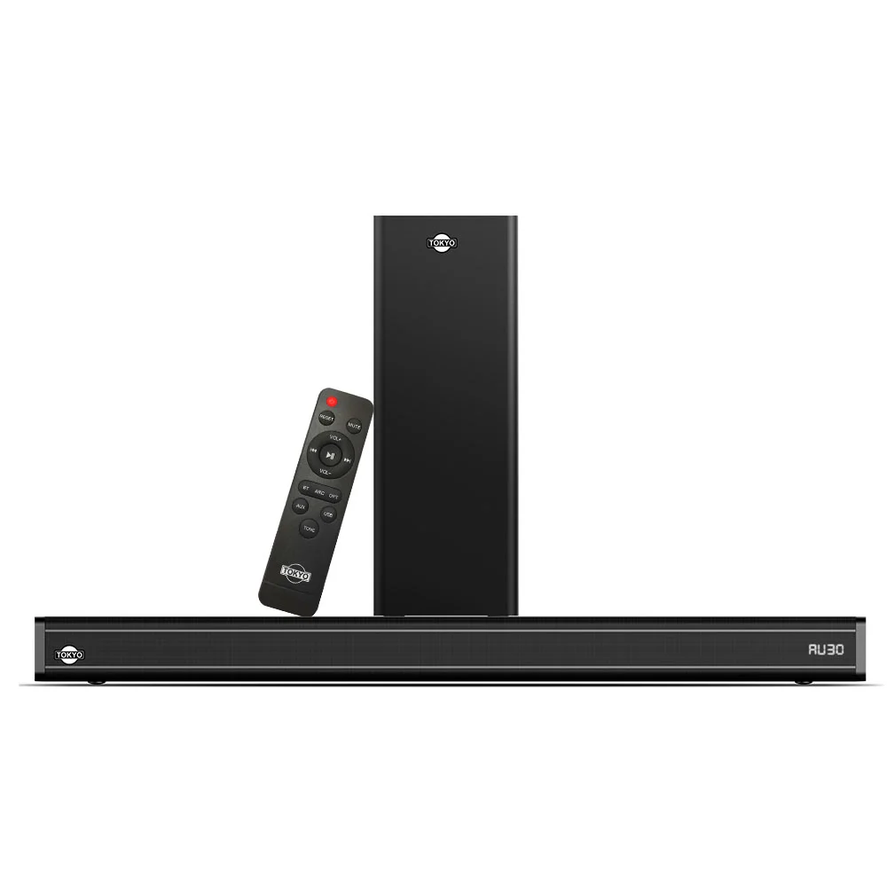 Sistema de sonido negro Tokyo con barra de sonido alargada, subwoofer vertical y control remoto.