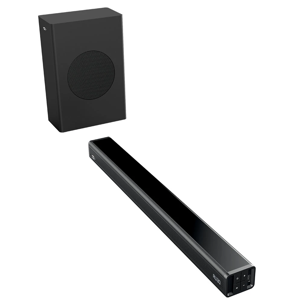 Sistema de sonido negro Tokyo con barra de sonido alargada, subwoofer vertical y control remoto. - Vista 2