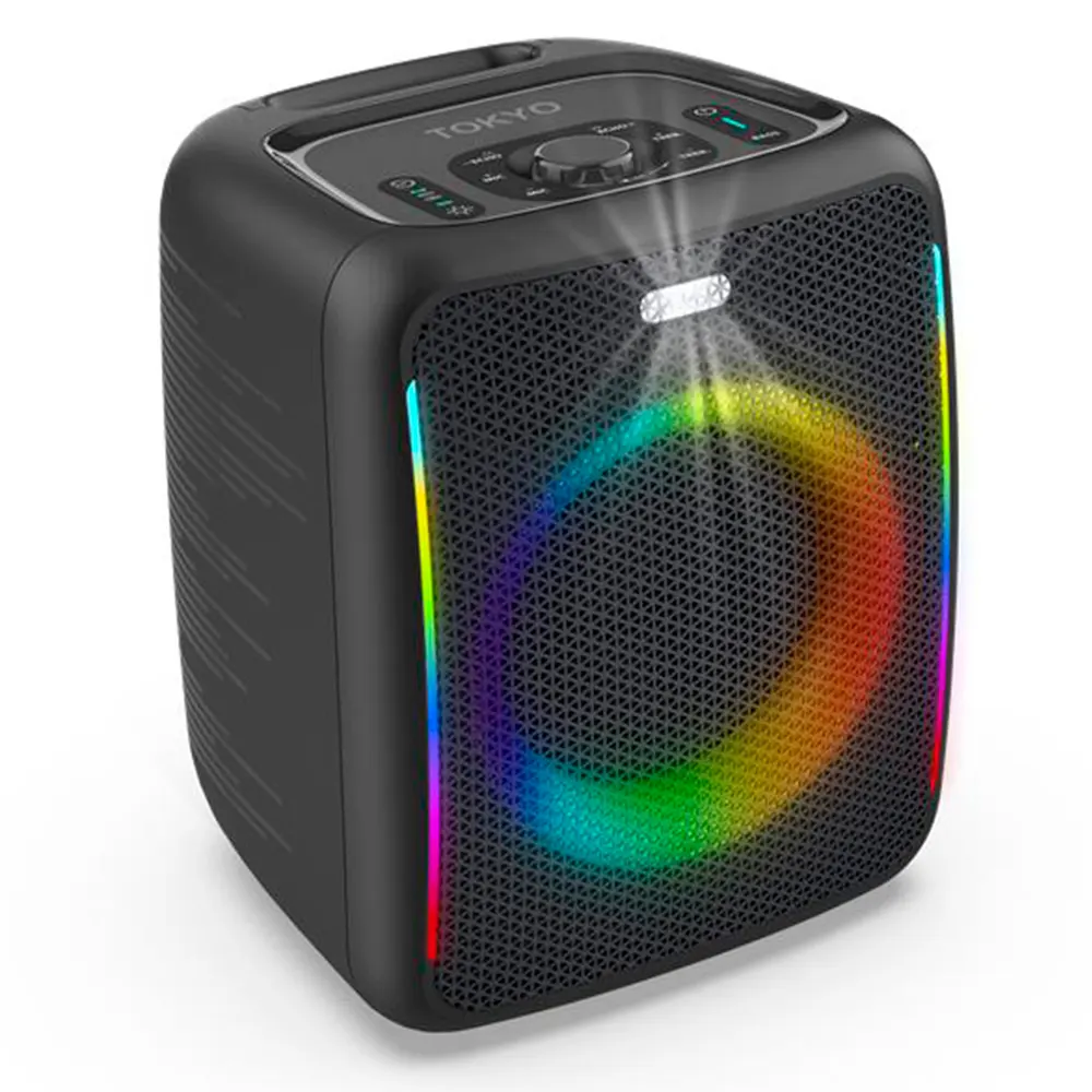 Parlante TOKYO Party Boom negro con rejilla frontal, aro de iluminación multicolor, controles superiores y asa integrada.