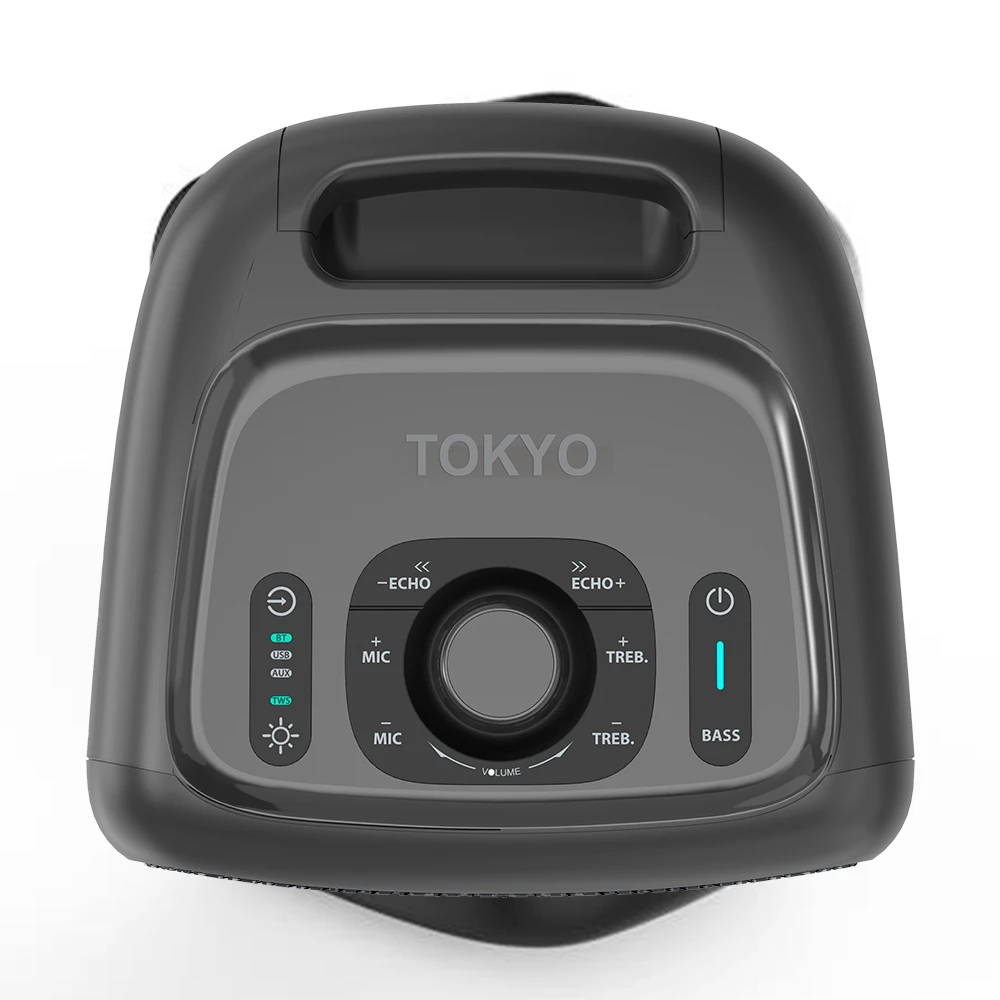 Parlante TOKYO Party Boom negro con rejilla frontal, aro de iluminación multicolor, controles superiores y asa integrada. - Vista 2
