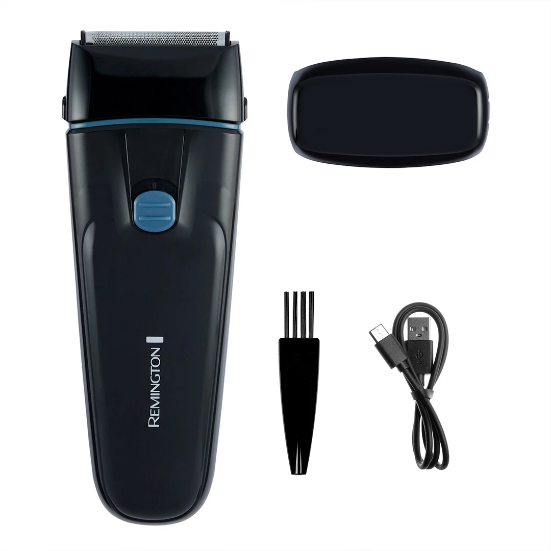 Afeitadora Remington F1001A negra con detalles azules, cabezal de láminas, tapa protectora, cepillo y cable USB