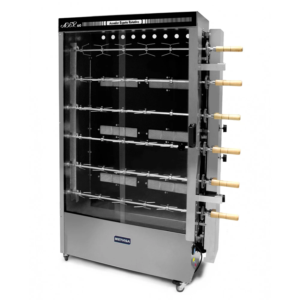 Asador rotativo METVISA vertical con frente acristalado y seis espetos horizontales con mangos de madera.