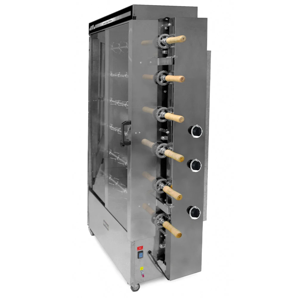 Asador rotativo METVISA vertical con frente acristalado y seis espetos horizontales con mangos de madera. - Vista 3