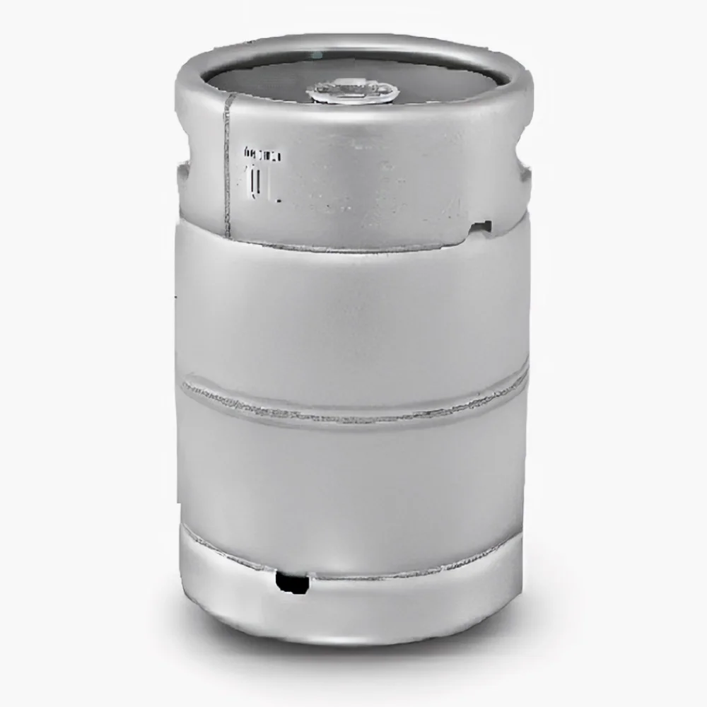 Barril cilíndrico plateado para cerveza, con aros de refuerzo y acople central en la tapa.