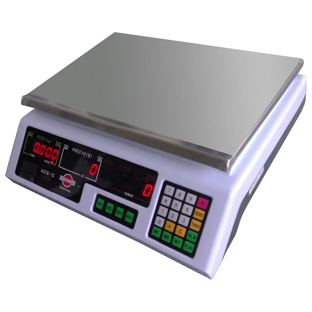 Balanza electrónica Tokyo de cuerpo claro, plataforma metálica, tres indicadores LED rojos y teclado frontal.