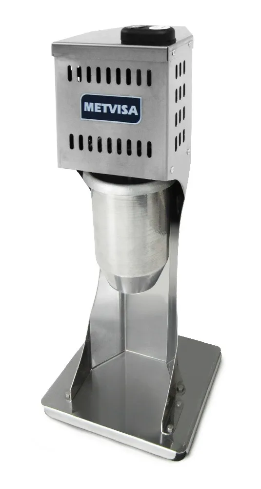 Batidora METVISA vertical de sobremesa para milk shake, con vaso metálico cilíndrico bajo el motor.