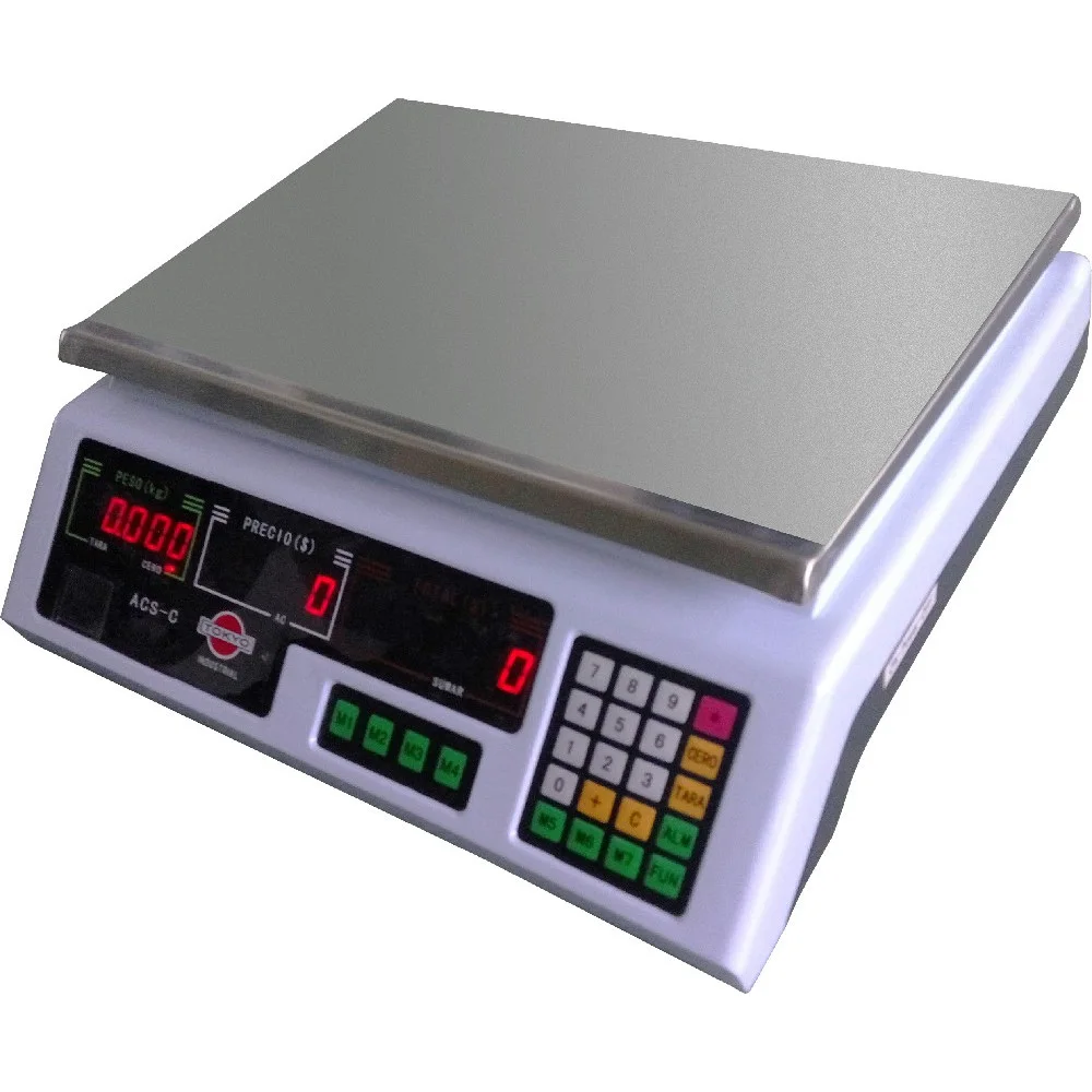 Balanza electrónica Tokyo ACS-C blanca con plataforma metálica, indicadores LED rojos y teclado numérico.