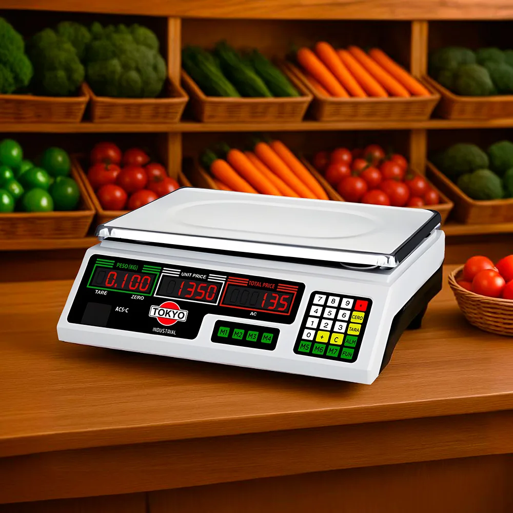 Balanza electrónica Tokyo ACS-C blanca con plataforma metálica, indicadores LED rojos y teclado numérico. - Vista 2