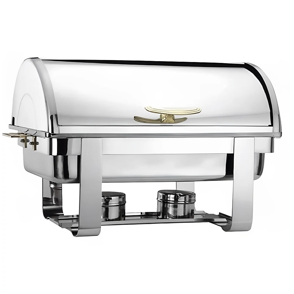 Calentador rectangular de buffet Tokyo Industrial con tapa transparente basculante y dos recipientes para combustible.