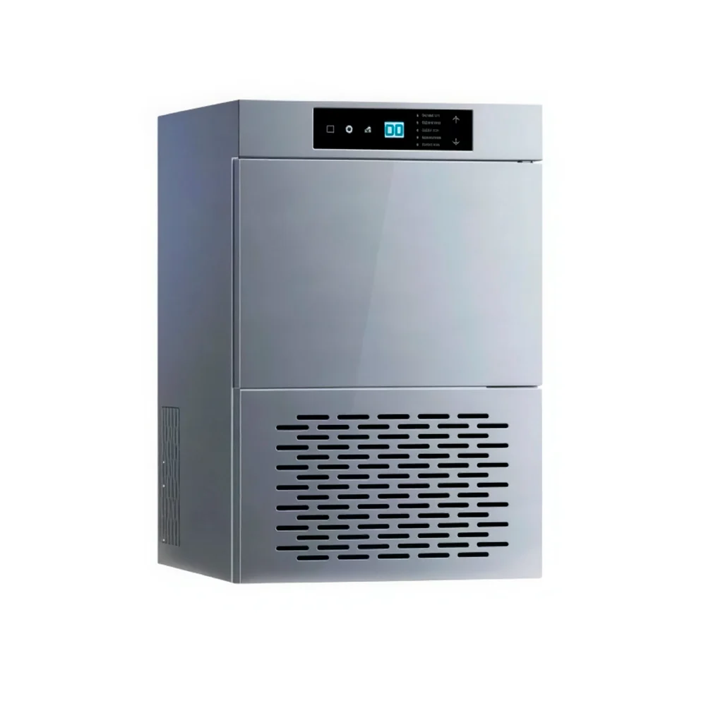 Fabricadora de hielo Ecosilkon vertical gris metálica, con puerta frontal superior, panel negro con pantalla y rejillas de ventilación.