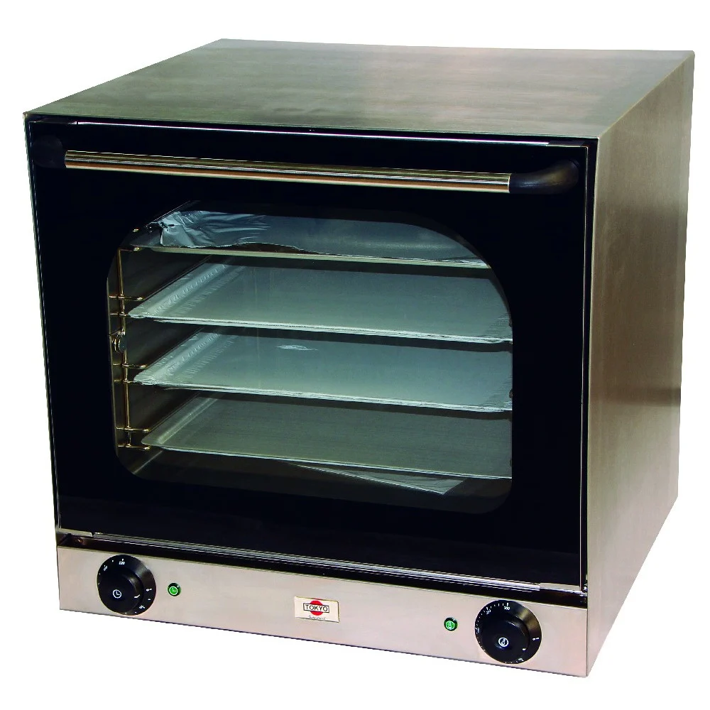 Horno convector Tokyo de aspecto inoxidable, con puerta acristalada, dos mandos e indicadores luminosos verdes