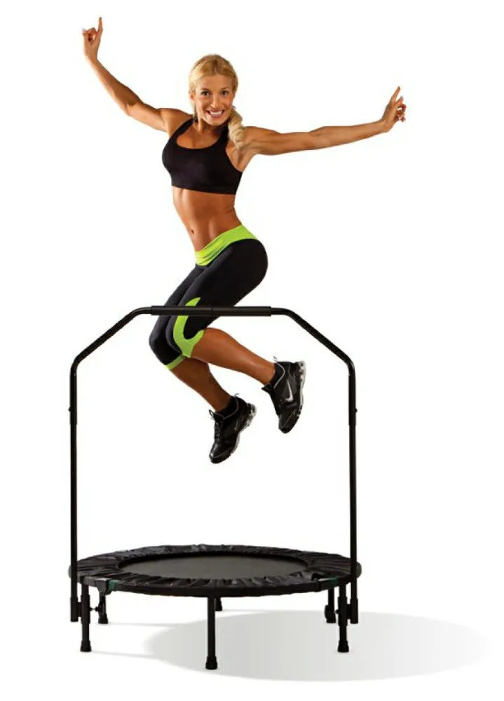 Trampolín circular negro con superficie de salto, cubierta acolchada, patas y barra estabilizadora con empuñadura. - Vista 2