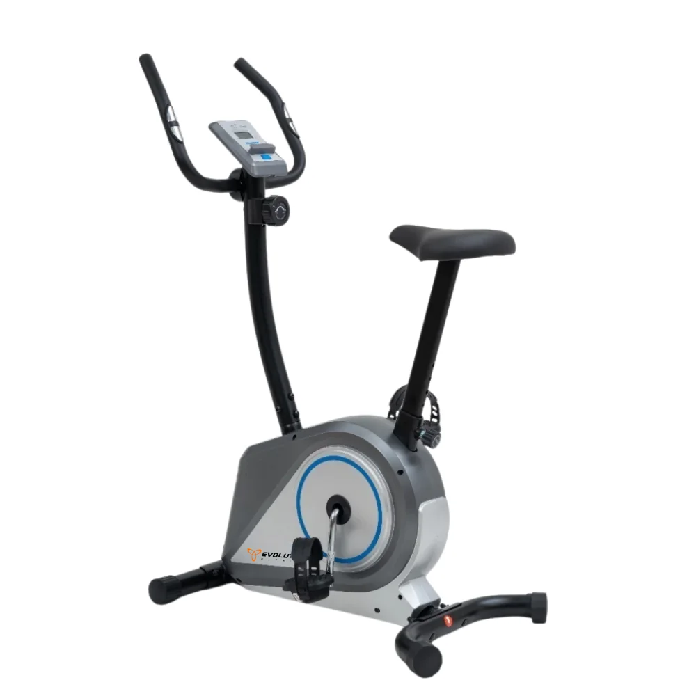 Bicicleta estática vertical Evolution B300 gris y negra con consola, asiento ajustable, pedales con correas y carcasa lateral. - Vista 2