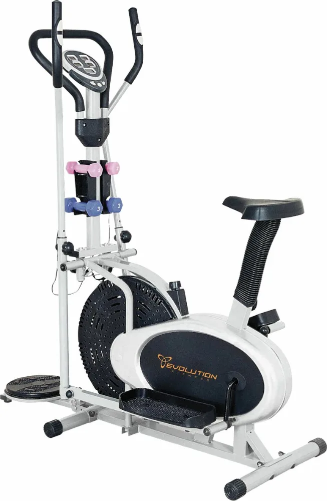 Elíptico residencial Evolution Fitness con asiento negro, consola digital, twister lateral y soportes con mancuernas de colores.