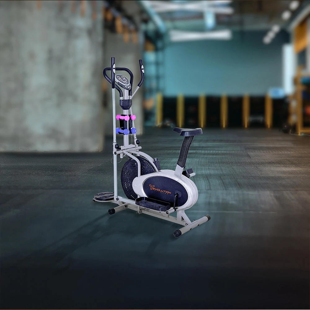 Elíptico residencial Evolution Fitness con asiento negro, consola digital, twister lateral y soportes con mancuernas de colores. - Vista 2