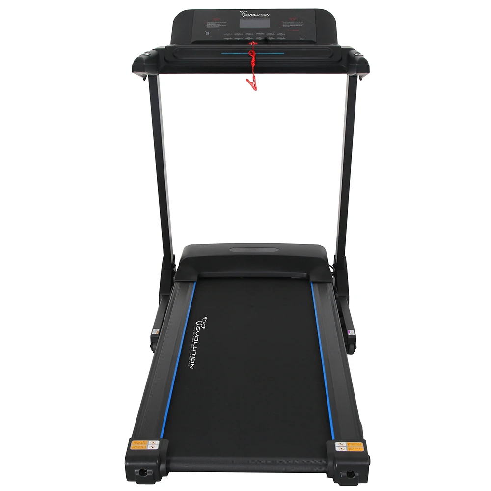 Caminadora Evolution EVO 2650 negra, con consola elevada, pantalla y clip de seguridad rojo. - Vista 2