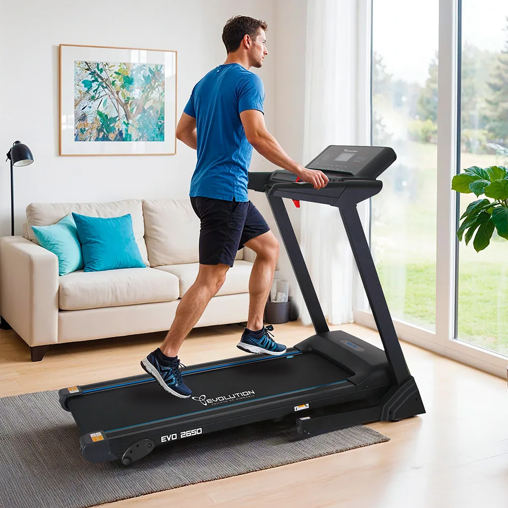 Caminadora Evolution EVO 2650 negra, con consola elevada, pantalla y clip de seguridad rojo. - Vista 3