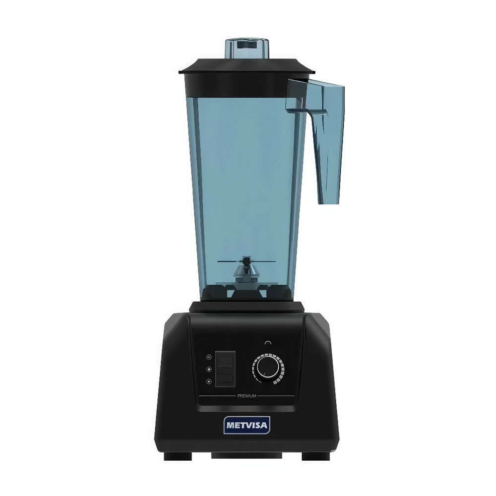 Licuadora comercial METVISA negra con vaso translúcido de 2,8 L, tapa y selector frontal.