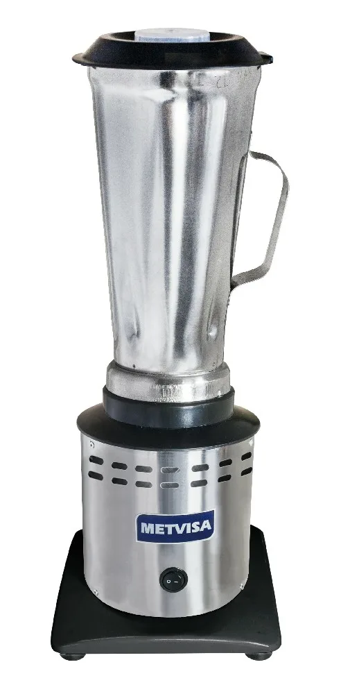 Licuadora METVISA LAR.2 con base negra, cuerpo cilíndrico metálico y vaso metálico con asa y tapa negra.
