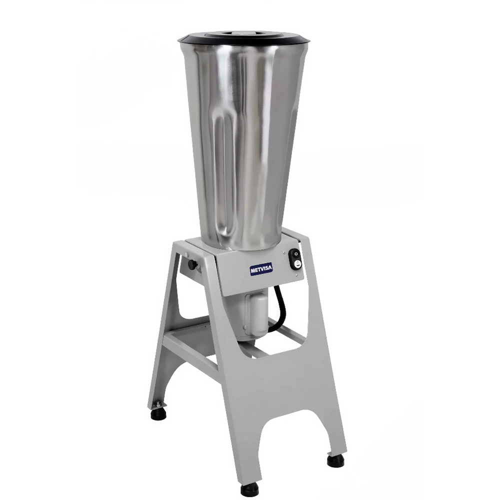 Licuadora industrial basculante METVISA con vaso alto de acero inoxidable, tapa negra y estructura gris.